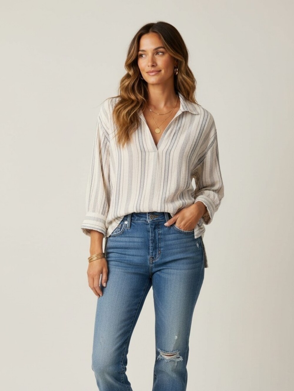 Faherty Earthy Women's Organic Cotton Gauze Deep V-Neck Long Sleeve Tunic Shirt